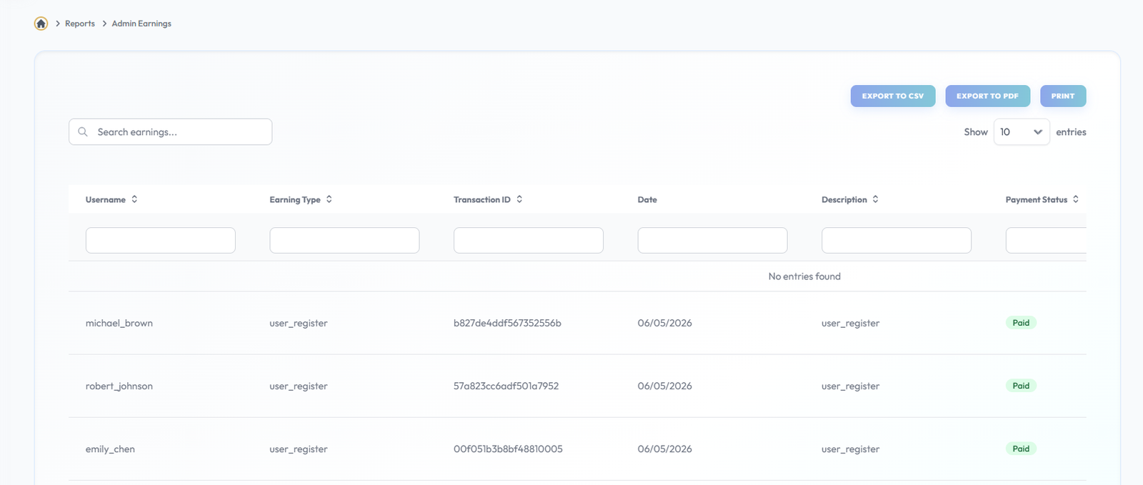 Admin Earning